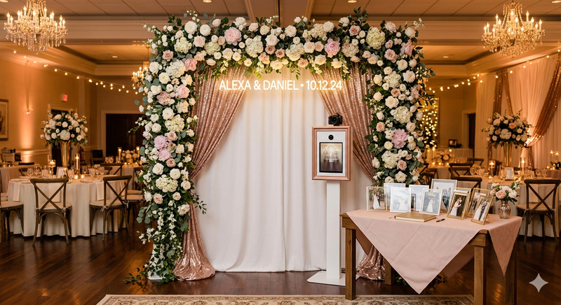 Elegant wedding photo booth setup with floral backdrop